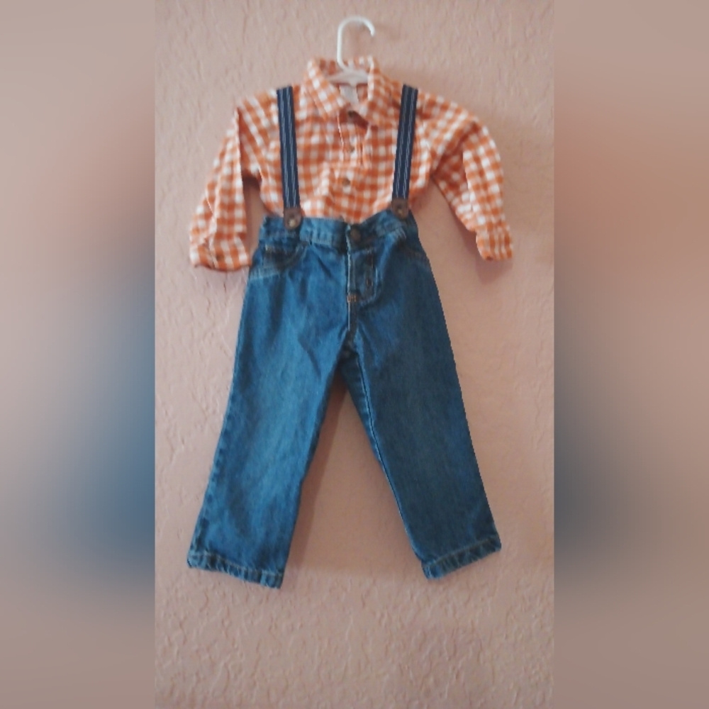 Just One You by Carter's Plaid button down bodysuit and jean with suspenders 18m